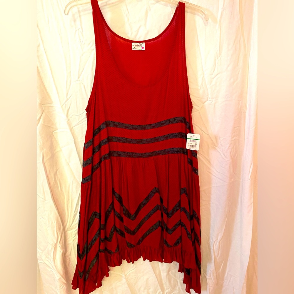 Free People, Red with Black lace detail slip or baby doll dress. Size L